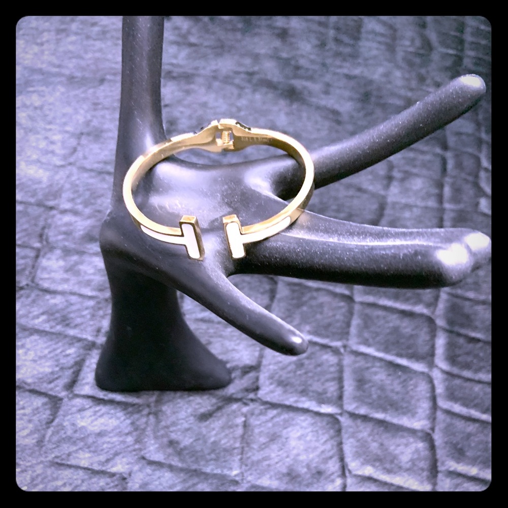 Designer Inspired T Bracelet Gold White Stainless
